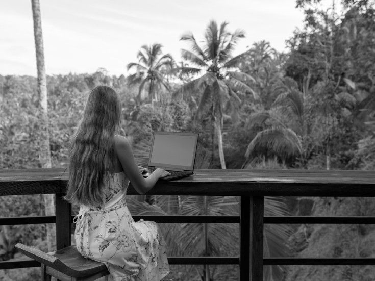 consultant with laptop in nature image
