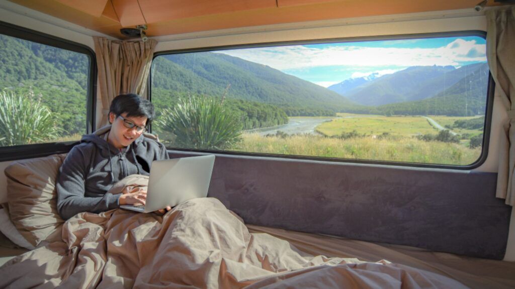 Digital nomad at work in RV