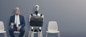 Robot and man sitting together