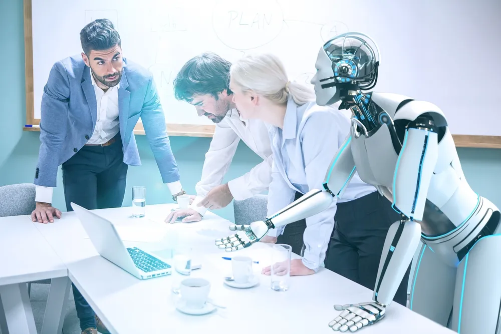 Businessmen,And,Humanoid,Robots,Work,On,A,Project. Planning with AI